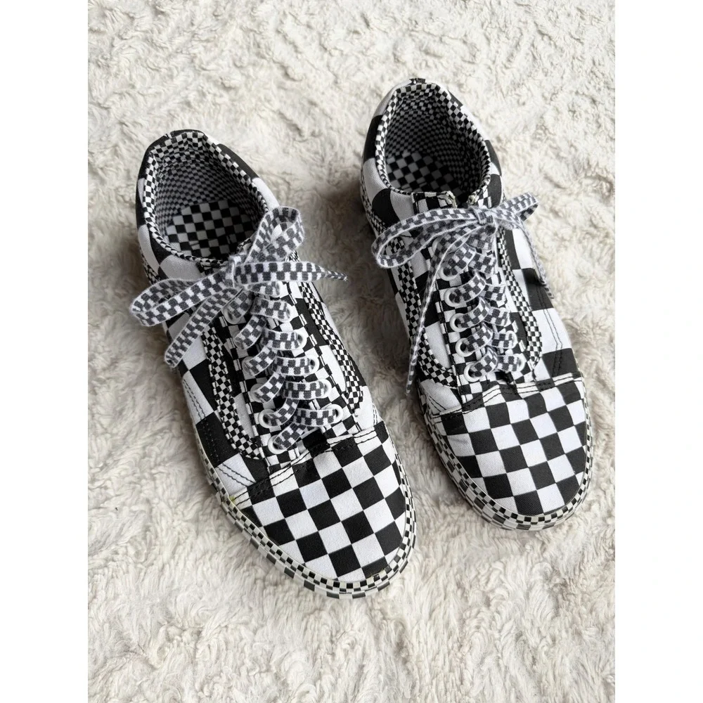 Vans Old Skool All Over Checkerboard Platform Sneakers Black True White 8 - Picture 11 of 11